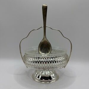 Vintage Mayell Silver Plated Crystal Condiment Jam Bowl w/ spoon Made in England